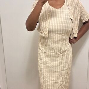 Elegant Cream Checkered Dress & Jacket Set - Vintage